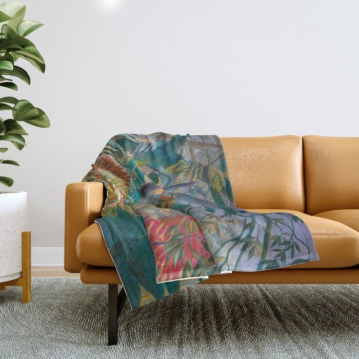 Tiger in Storm, Tropical Forest Exotic Jungle Painting Throw Blanket