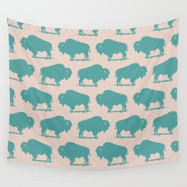 Buffalo Bison Pattern Turquoise and Beige Wall Tapestry