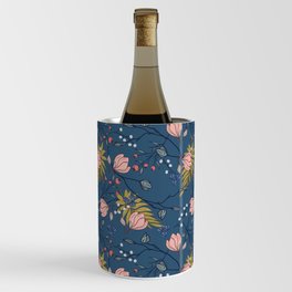Magnolia Branches and Berries with Springtime Botanicals in Pink and Blue Wine Chiller