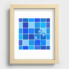 Blue sunflowers with white grid and gradient blue checkerboard Recessed Framed Print