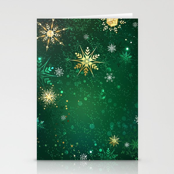 Gold Snowflakes on a Green Background Stationery Cards