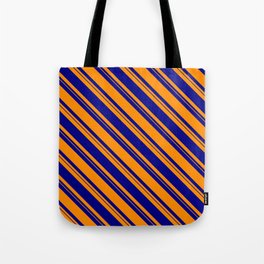 [ Thumbnail: Dark Orange & Blue Colored Lined/Striped Pattern Tote Bag ]