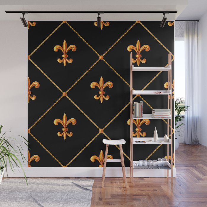 Seamless Pattern with Baroque Golden Oriental Elements on Black Background Wall Mural