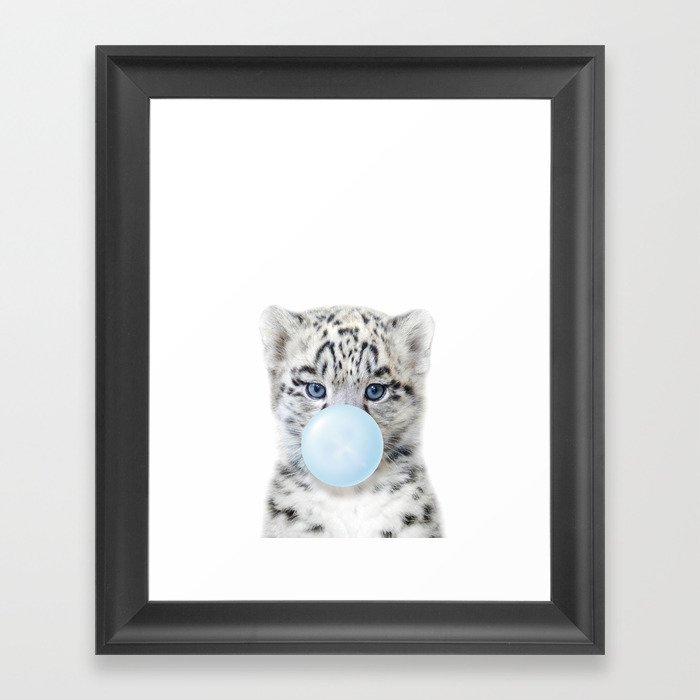 Baby Snow Leopard Blowing Blue Bubble Gum, Baby Boy, Baby Animals Art Print by Synplus Framed Art Print