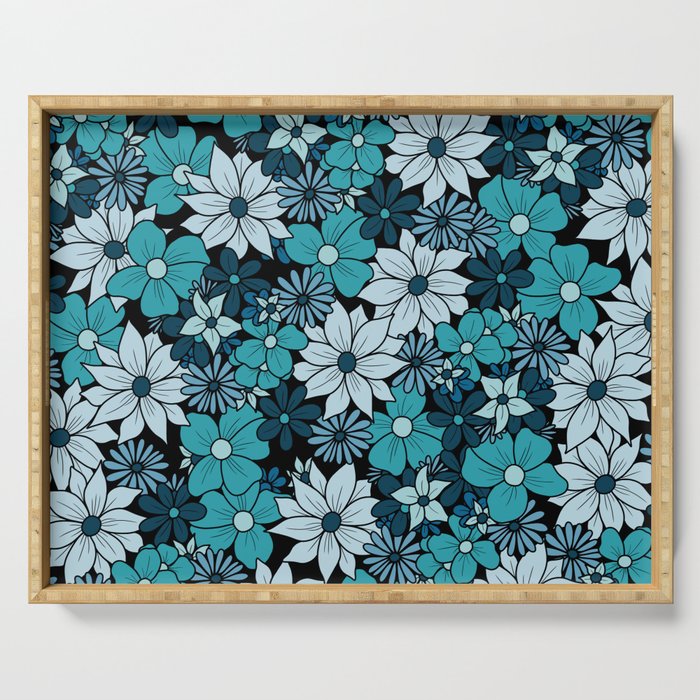 Blue Turquoise Flower Doodle Pattern Serving Tray