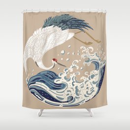 Crane and Japanese wave illustration. Traditional Chinese wave in circle. Beautiful line art of nature. Asian art doodle and painting background.  Shower Curtain