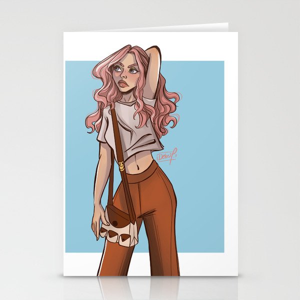 Pink Hair Girl Illustration Stationery Cards