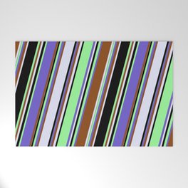 [ Thumbnail: Eyecatching Slate Blue, Brown, Lavender, Black & Green Colored Stripes Pattern Welcome Mat ]