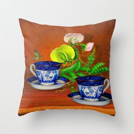 Teacups with Snap Peas Deko-Kissen | Stilllife, Realism, Bluewillowteacups, Snappeasandblossoms, Digital, Painting, Butterflywood, Acrylic 