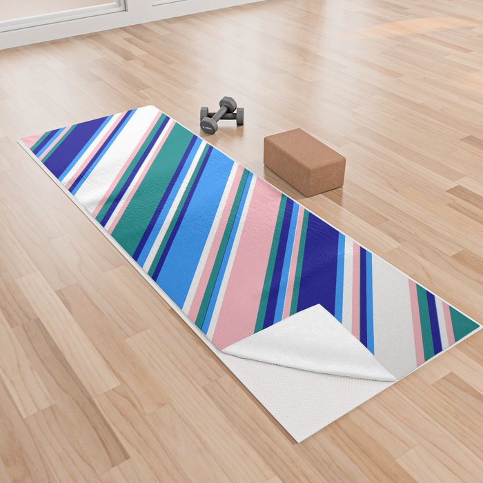 Colorful Blue, Dark Blue, Teal, Light Pink, and White Colored Lines Pattern Yoga Towel