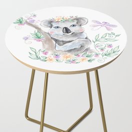 Baby koala with blue eyes and flowers Side Table