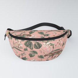Watercolor tropical exotic pattern with orchid, green leaves. Butterflies, leopard. Fanny Pack