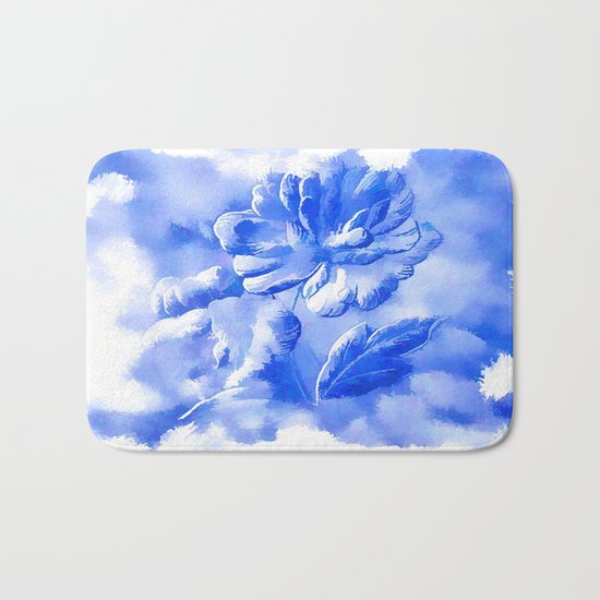 Cyan Painterly Flower Abstract Bath Mat