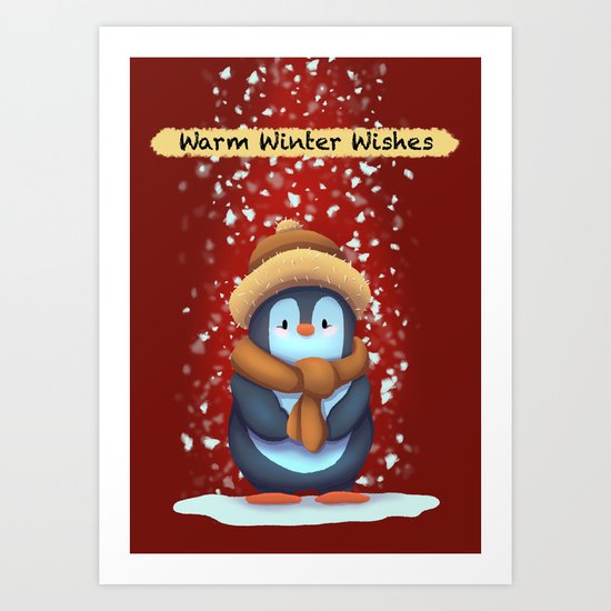 Christmas Penguin Warm Winter Wishes Sentiment Art Print By