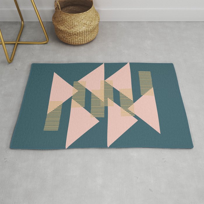 Modern Lines and Triangles Design in Blush, Teal, and Gold Rug