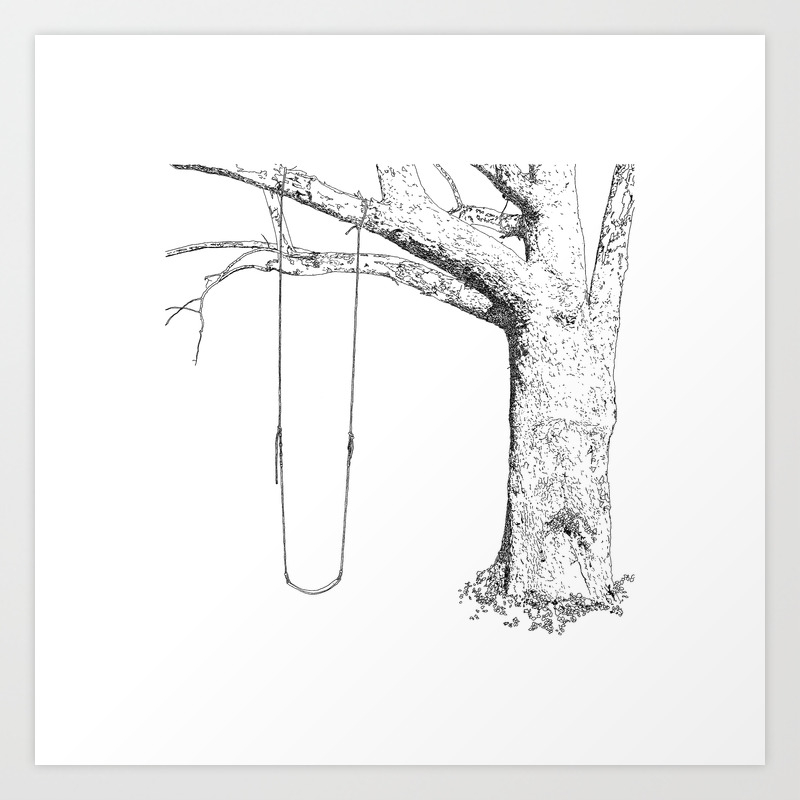 Tree And Swing Drawing Black And White Art Print
