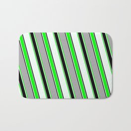 [ Thumbnail: Dark Gray, Lime, Mint Cream & Black Colored Stripes/Lines Pattern Bath Mat ]