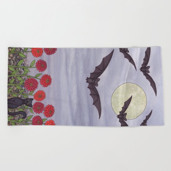 bats, zinnias, and black cat Beach Towel