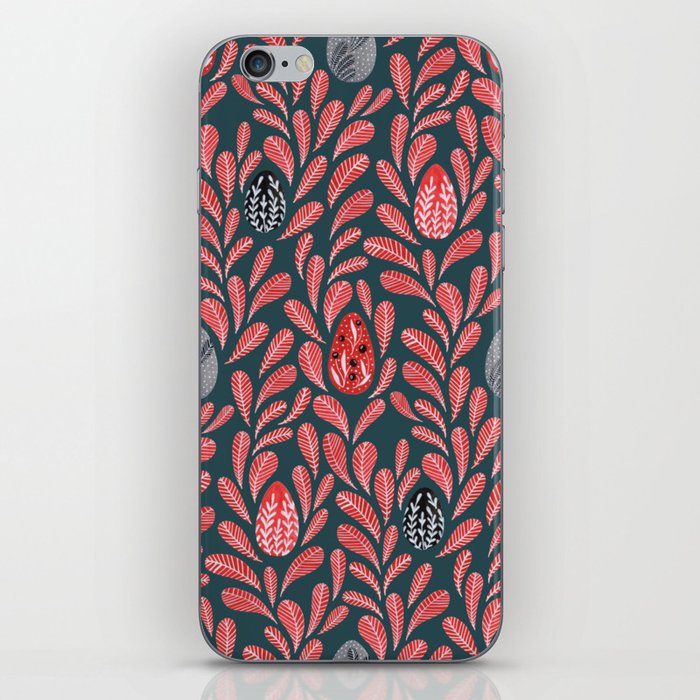 Floral Easter Eggs and Red Feather On Dark Green iPhone Skin