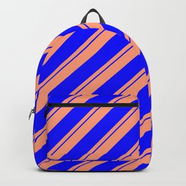 [ Thumbnail: Light Salmon and Blue Colored Stripes Pattern Backpack ]
