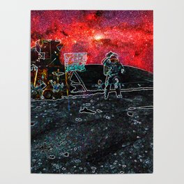 Trippy Moon Landing flag salute with red sky  Poster