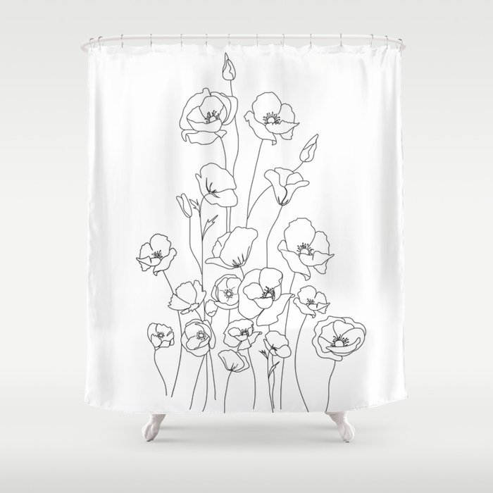 Poppy Flowers Line Art Shower Curtain