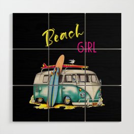 Beach Girl - Retro Van, Surfboard, and Seagull Wood Wall Art