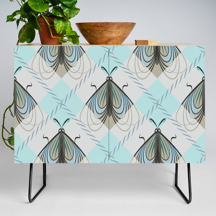 Grey and turquoise Argyle pattern with moths Credenza