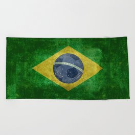 Flag of Brazil with football (soccer ball) retro style Beach Towel