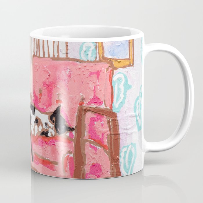 Little Naps - Tuxedo Cat Napping in a Pink Mid-Century Chair by the Window Coffee Mug