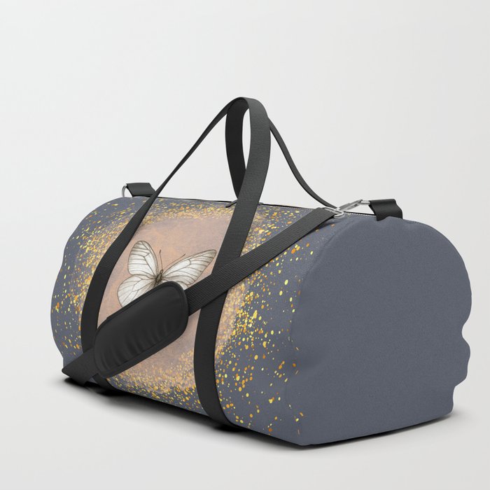Hand-Drawn Butterfly and Gold Circle Frame on Dark Gray Duffle Bag