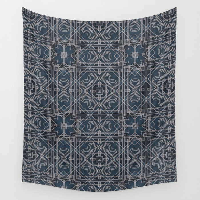 Art Deco Pattern Siler Blue Roaring Twenties Elegance Wall Tapestry