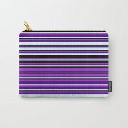 [ Thumbnail: Dark Orchid, Indigo, Light Cyan, and Black Colored Striped/Lined Pattern Carry-All Pouch ]