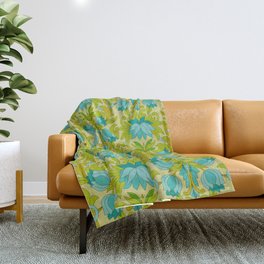 Turquoise and Green Leaves 1960s Retro Vintage Pattern Throw Blanket