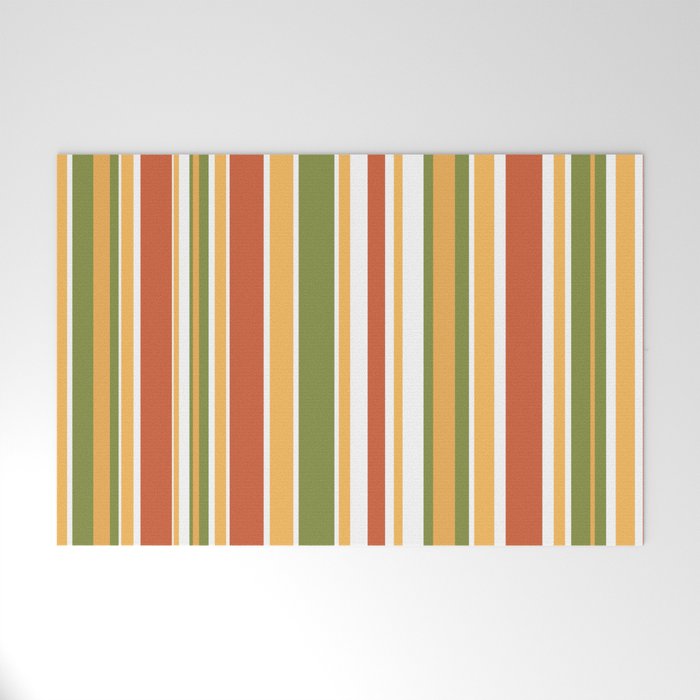 Retro Stripes - Mid Century Modern 50s 60s 70s Pattern in Green, Orange, Yellow, and White Welcome Mat