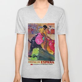 Spanish Railways - Fiestas en Espana Matador and Bull Vintage Travel Advertising Poster V Neck T Shirt