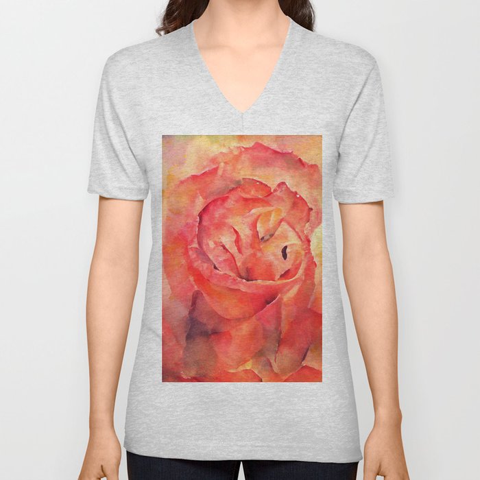 Watercolor Rose V Neck T Shirt