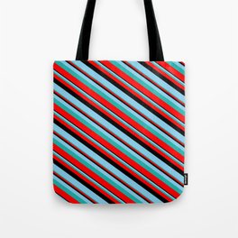 [ Thumbnail: Black, Sky Blue, Light Sea Green & Red Colored Lines/Stripes Pattern Tote Bag ]