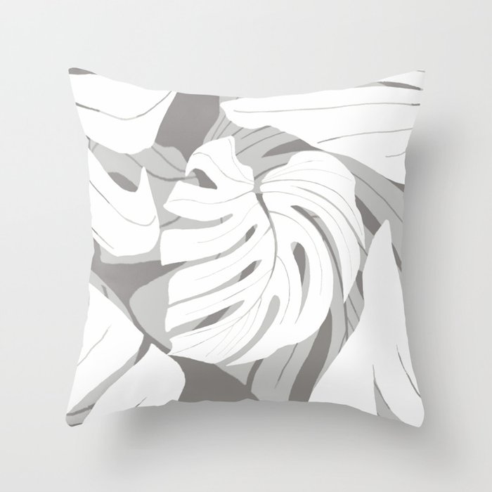 White Monstera Leaves Gray Abstract Background #decor #society6 #buyart Throw Pillow