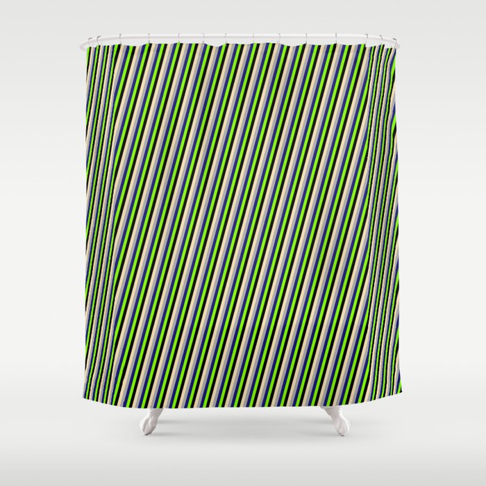 Eye-catching Tan, Dark Grey, Midnight Blue, Chartreuse, and Black Colored Stripes/Lines Pattern Shower Curtain