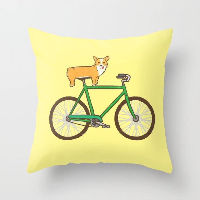 Corgi on a bike Throw Pillow