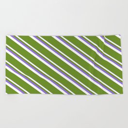 [ Thumbnail: Purple, White, and Green Colored Striped Pattern Beach Towel ]