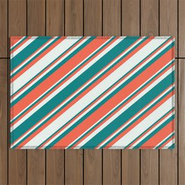 [ Thumbnail: Red, Mint Cream & Teal Colored Lines Pattern Outdoor Rug ]