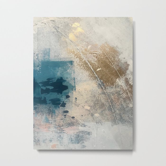 Embrace: a minimal, abstract mixed-media piece in blues and gold with a hint of pink Metal Print