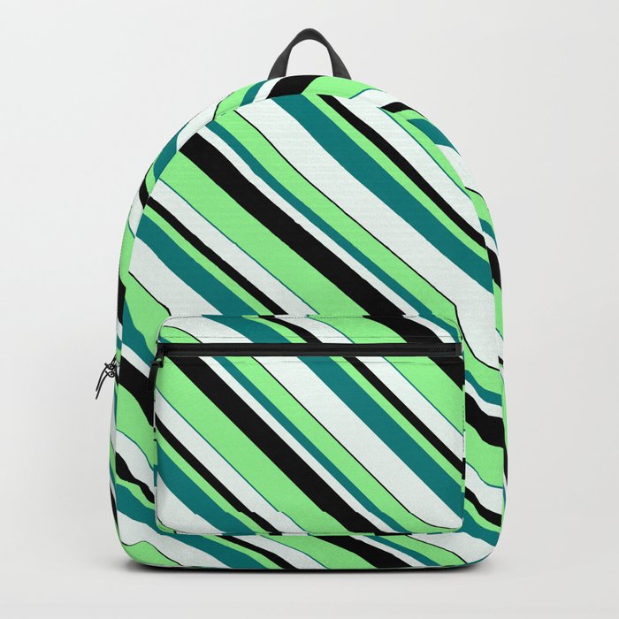 Green, Teal, Mint Cream & Black Colored Lined Pattern Backpack