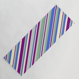 [ Thumbnail: Colorful Light Grey, Dark Sea Green, Royal Blue, Light Yellow & Purple Colored Lined/Striped Pattern Yoga Mat ]