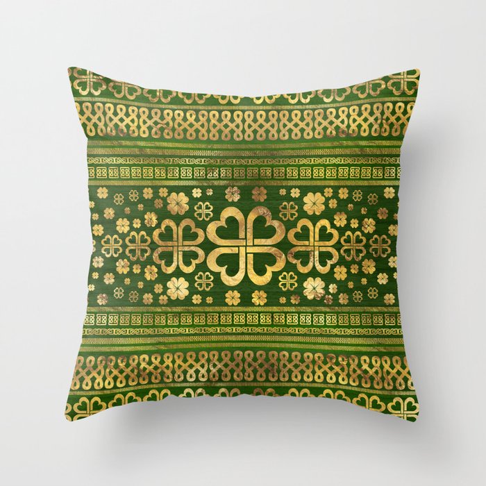 Shamrock Four-leaf Clover Green Wood and Gold Throw Pillow