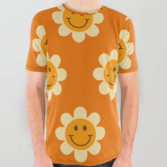 Retro Smiley Floral Face Pattern in Orange, Yellow & Brown Full