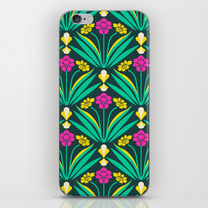 Art deco floral pattern in green, pink, and yellow iPhone Skin