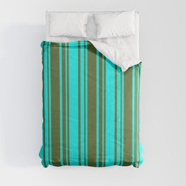 [ Thumbnail: Dark Olive Green & Cyan Colored Lines/Stripes Pattern Comforter ]